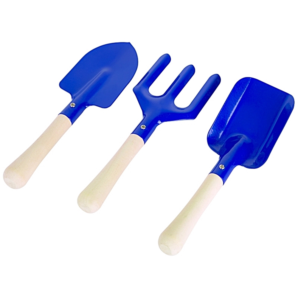 Gartengeräte (2 Schaufeln, 1 Harke) Blau - Sandspielzeug / Gartenwerkzeug 2 Schüfeli, 1 Rechen