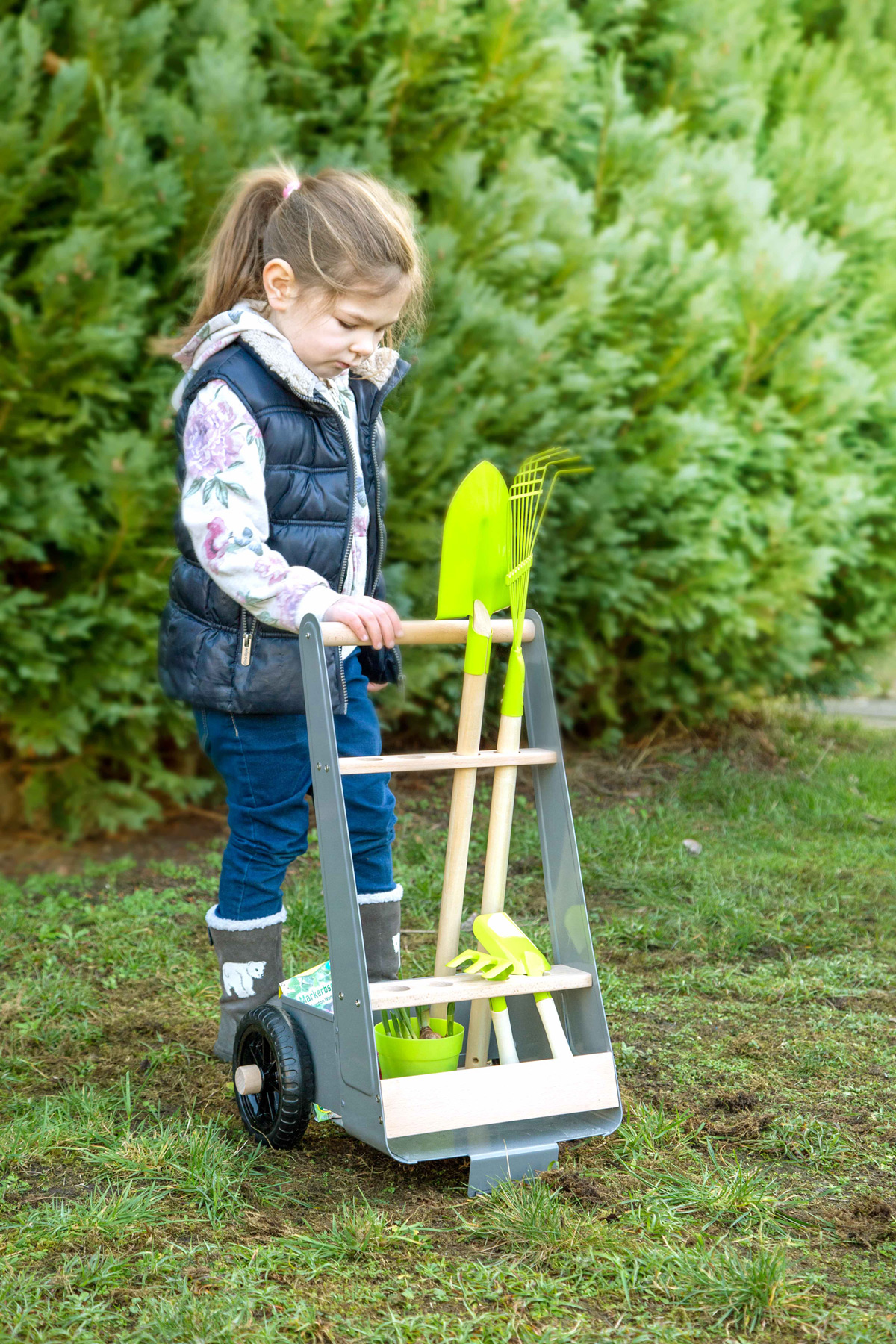 Kinder Gartengeräte Trolley, Gartenwagen - Fahrbarer Ständer für Gartengeräte mit Gartenwerkzeugen