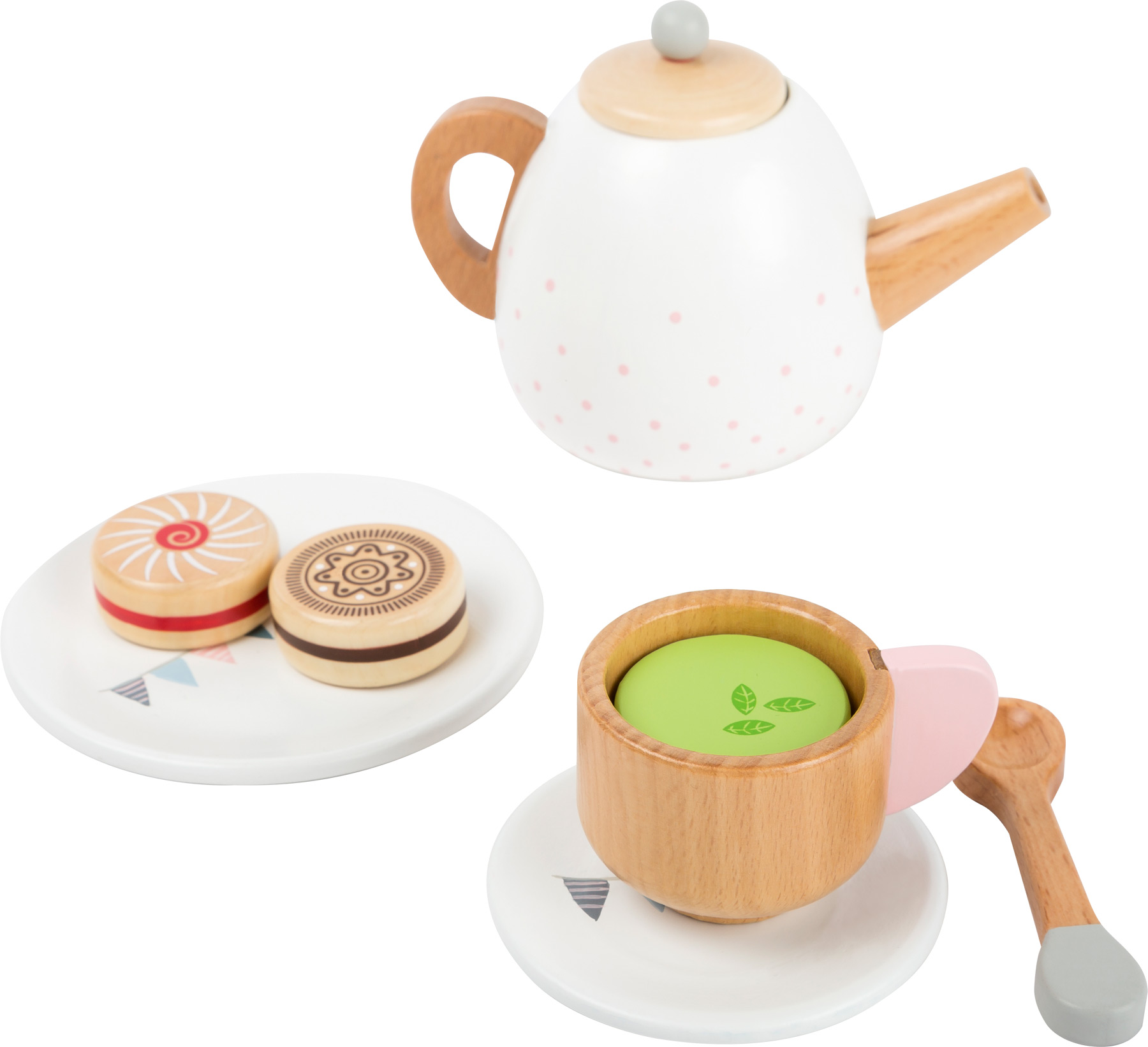 Kinderküche Spielset Teeservice aus Holz - Geschirrservice 15 tlg: Tassen, Teller, Dose, Teekanne etc
