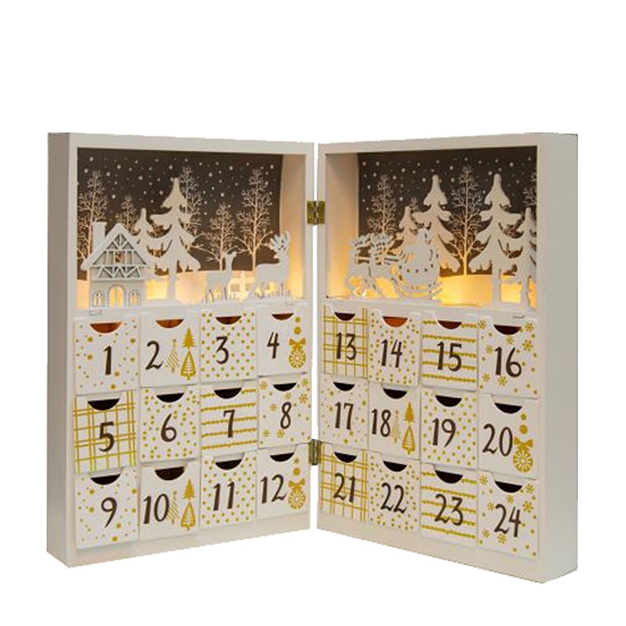 Adventskalender befüllbar, mit Licht - LED Weihnachtskalender mit Schublädchen, weiss, aus Holz.