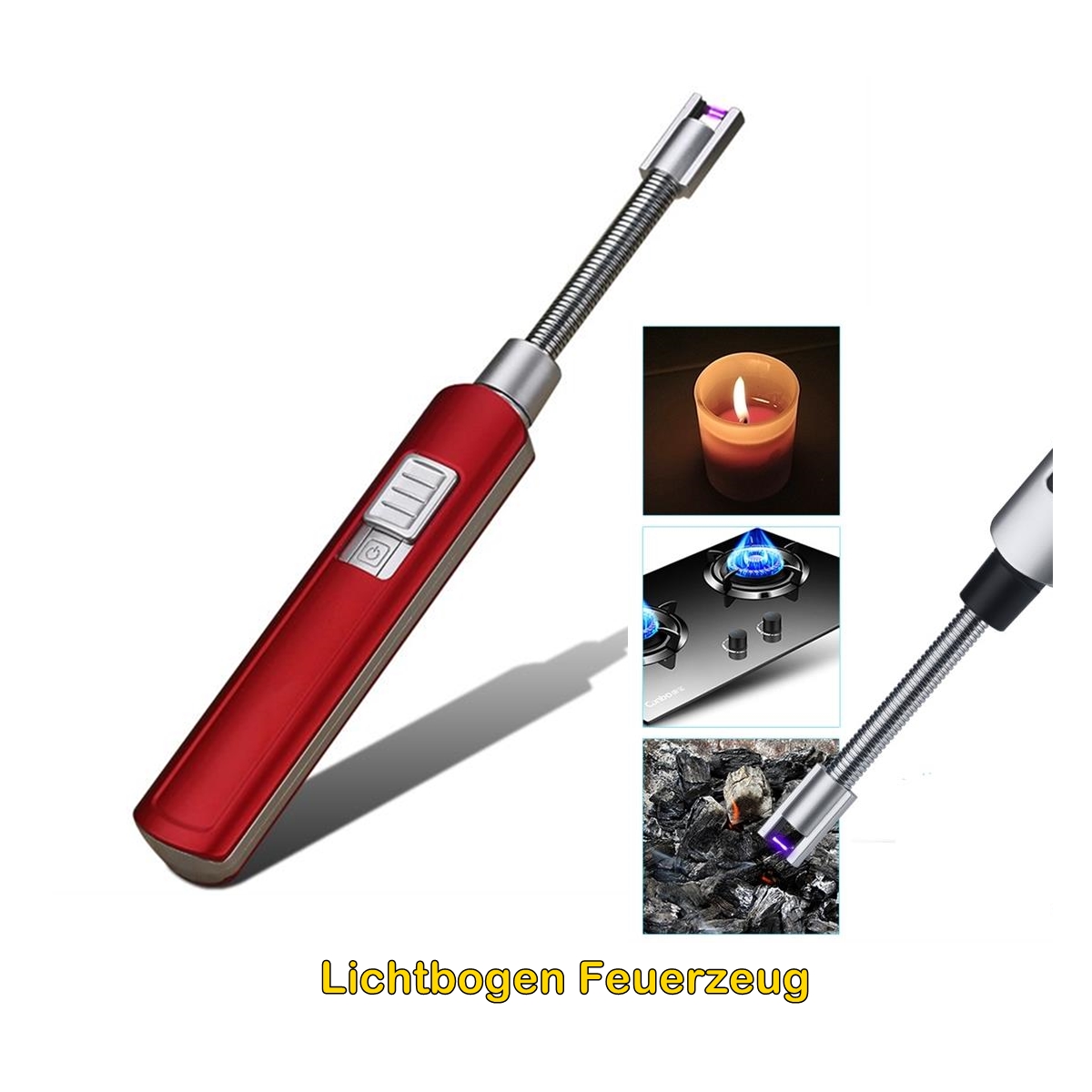 Lichtbogen USB Stabfeuerzeug Flexi Rot - Wiederaufladbares USB Feuerzeug Gasfrei, Plasma-Lichtbogen