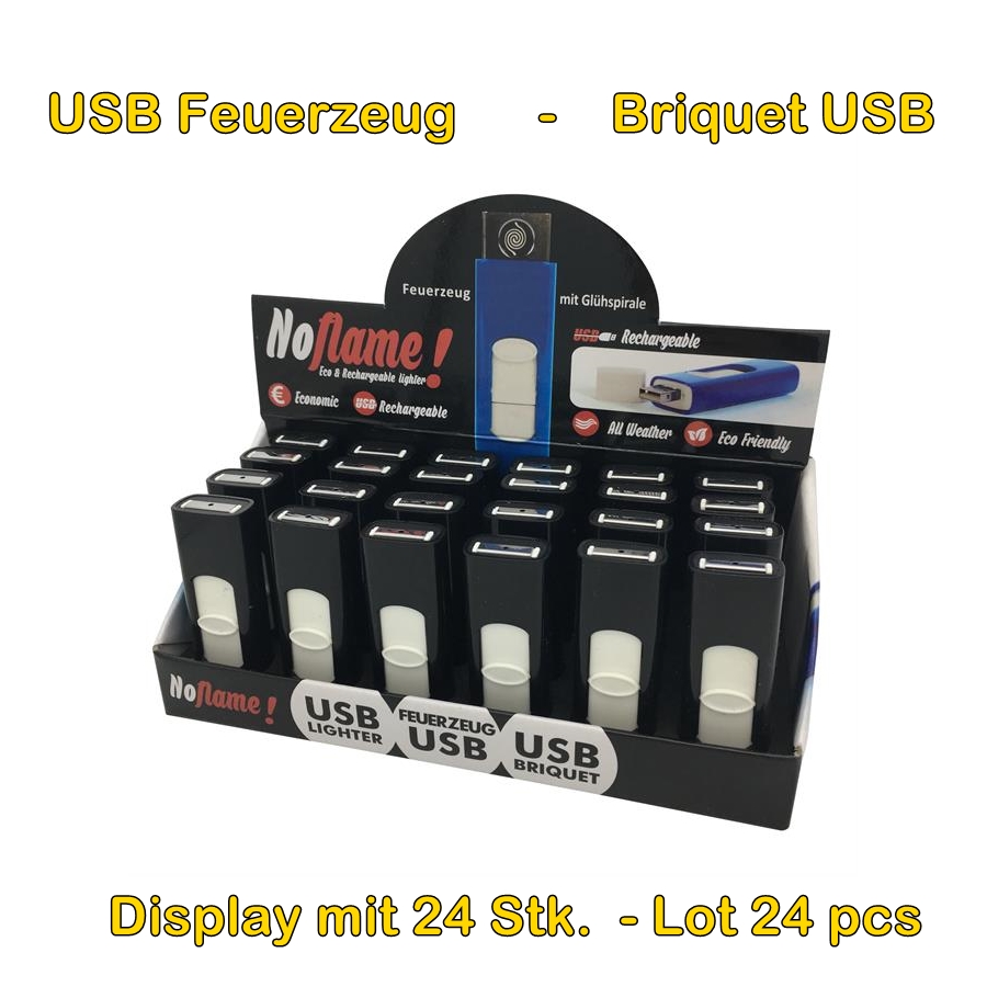 Display 24 Stk. USB Feuerzeugen, schwarz - Elektronisches Akku USB Glühspiralen Feuerzeug windgeschützt