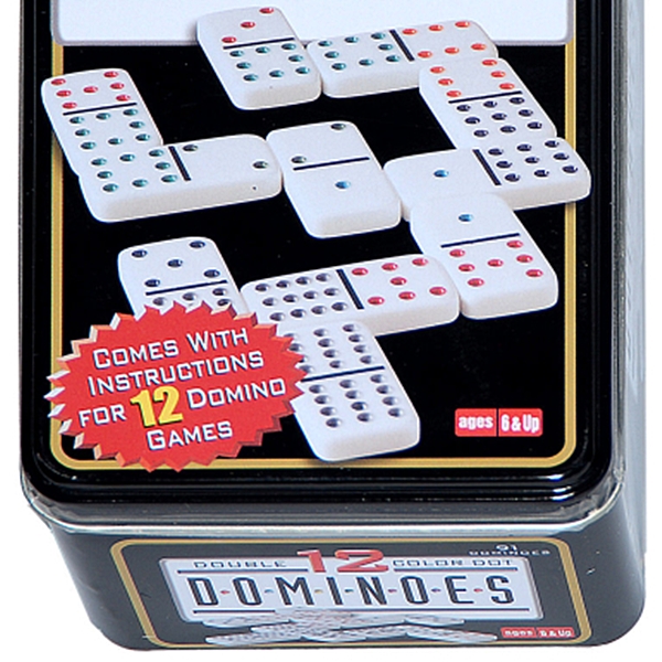 Domino Spielset Color 91 Steine 12 Augen - Dominosteine in Blechdose Steine 50x25x10 mm, Punkte bunt