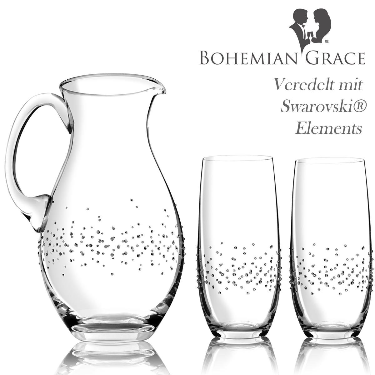 Karaffe mit 2 Gläser, Bohemian Grace S - Wasserkaraffe SIENA mit 2 Trinkgläser, Swarovski Elements
