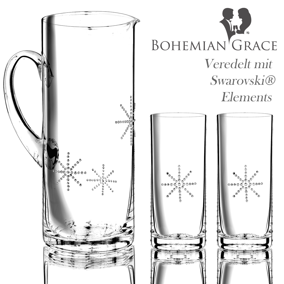 Karaffe mit 2 Gläser, Bohemian Grace STR - Wasserkaraffe STARS mit 2 Trinkgläser, Swarovski Elements