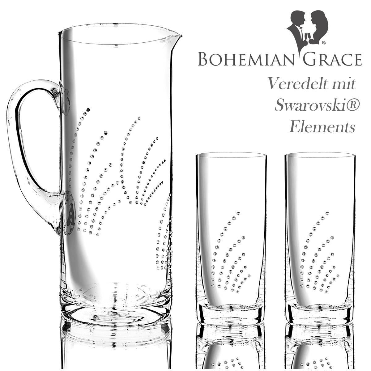 Karaffe mit 2 Gläser, Bohemian Grace FLP - Wasserkaraffe  FLAPPER mit 2 Trinkgläser, Swarovski Elements