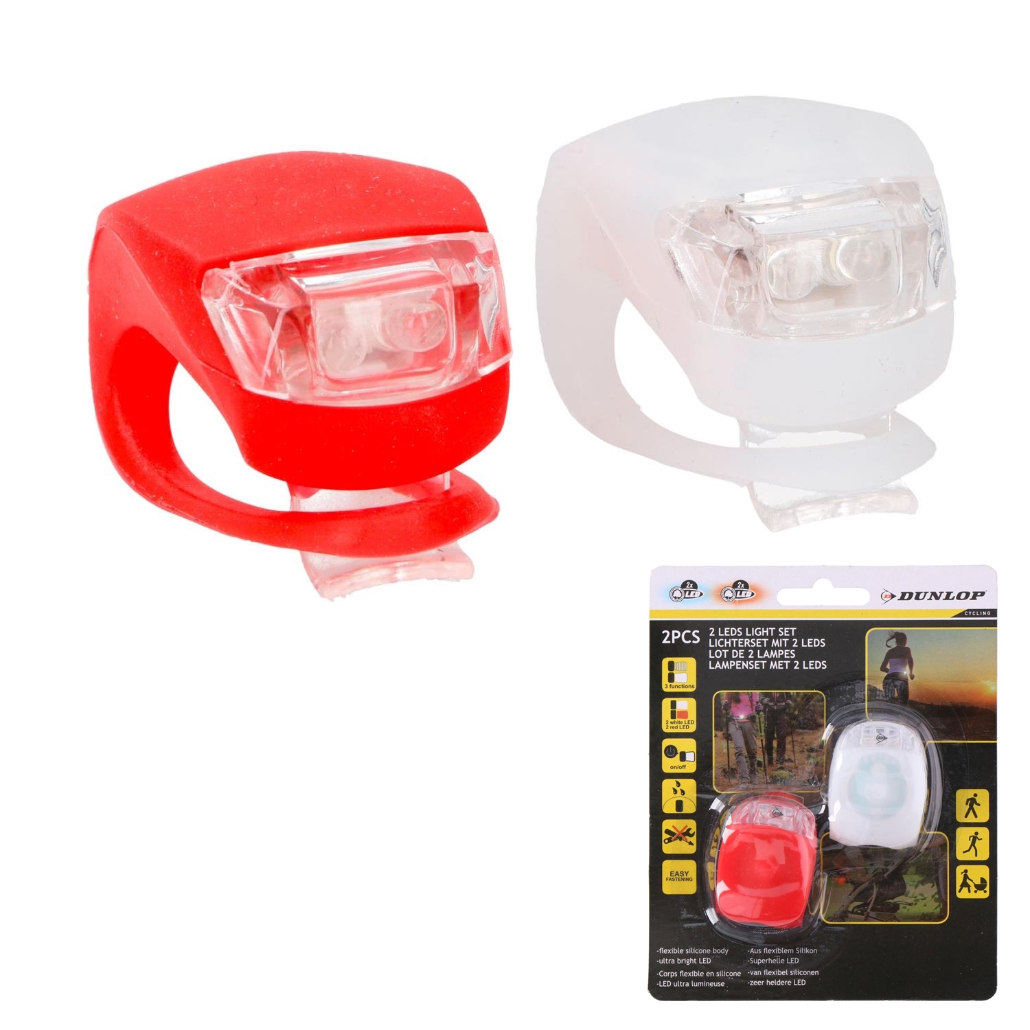 LED Scooter- Fahrrad- Velo-Licht 2er Set - Dunlop Silikon LED Lampen, Fahrradlichtset, Sportlicht