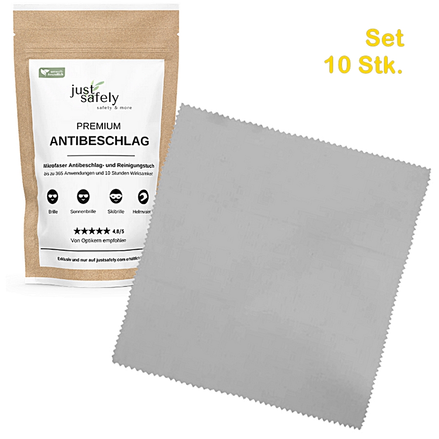 Antibeschlag Brillenputztuch JS, 10 Stk. - Safely© Premium Anti Beschlag Brillentuch / Reinigungstuch